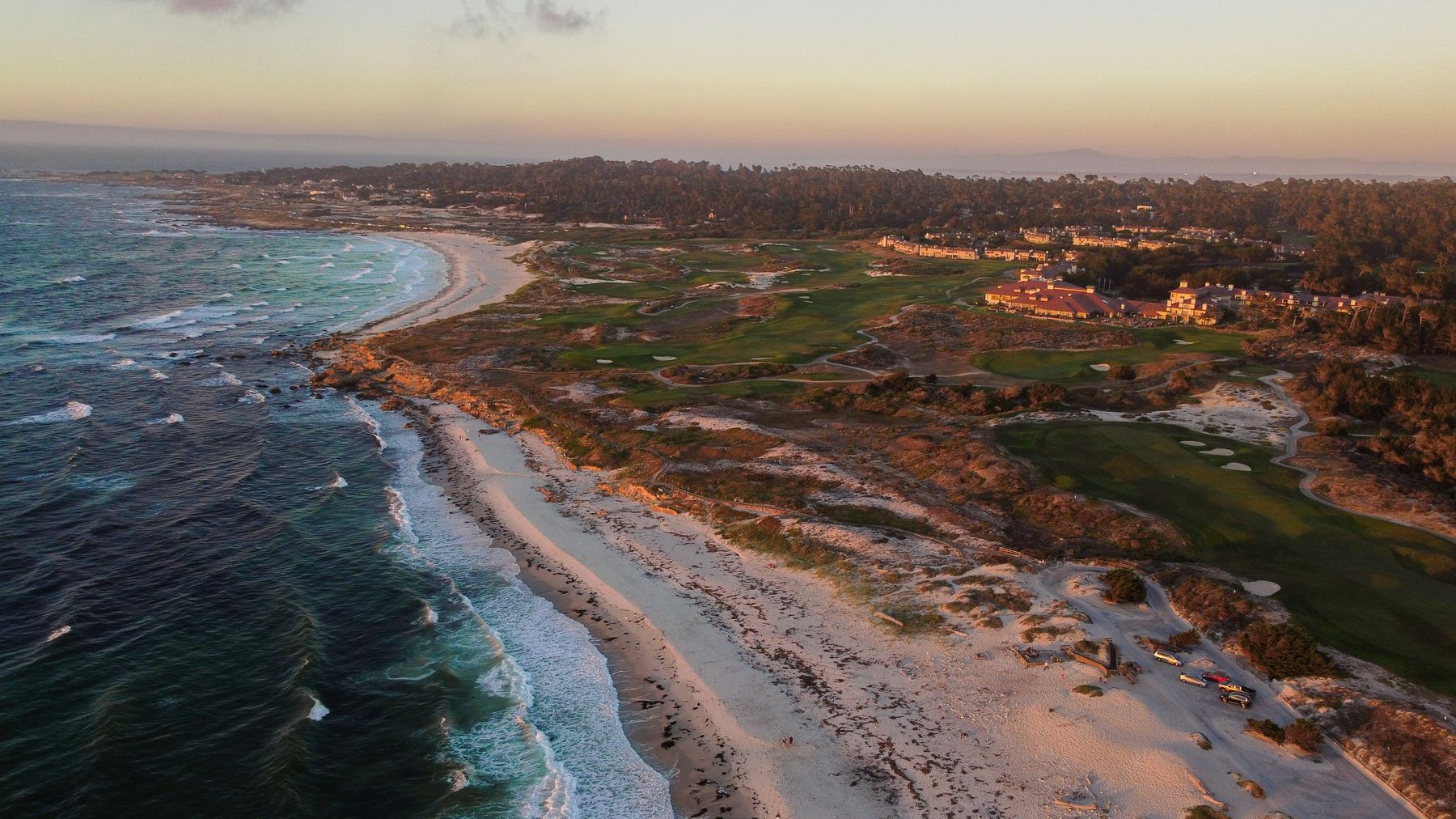 Pebble Beach coastline at sunset